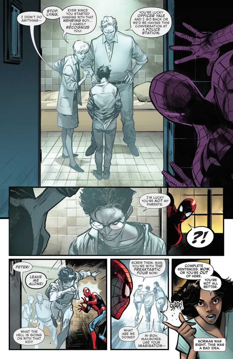 Peter Parker remembers the time he got arrested in Amazing Spider-Man Vol. 7 #2 (2025), Marvel Comics. Words by Joe Kelly, art by Pepe Larraz and Marte Gracia.