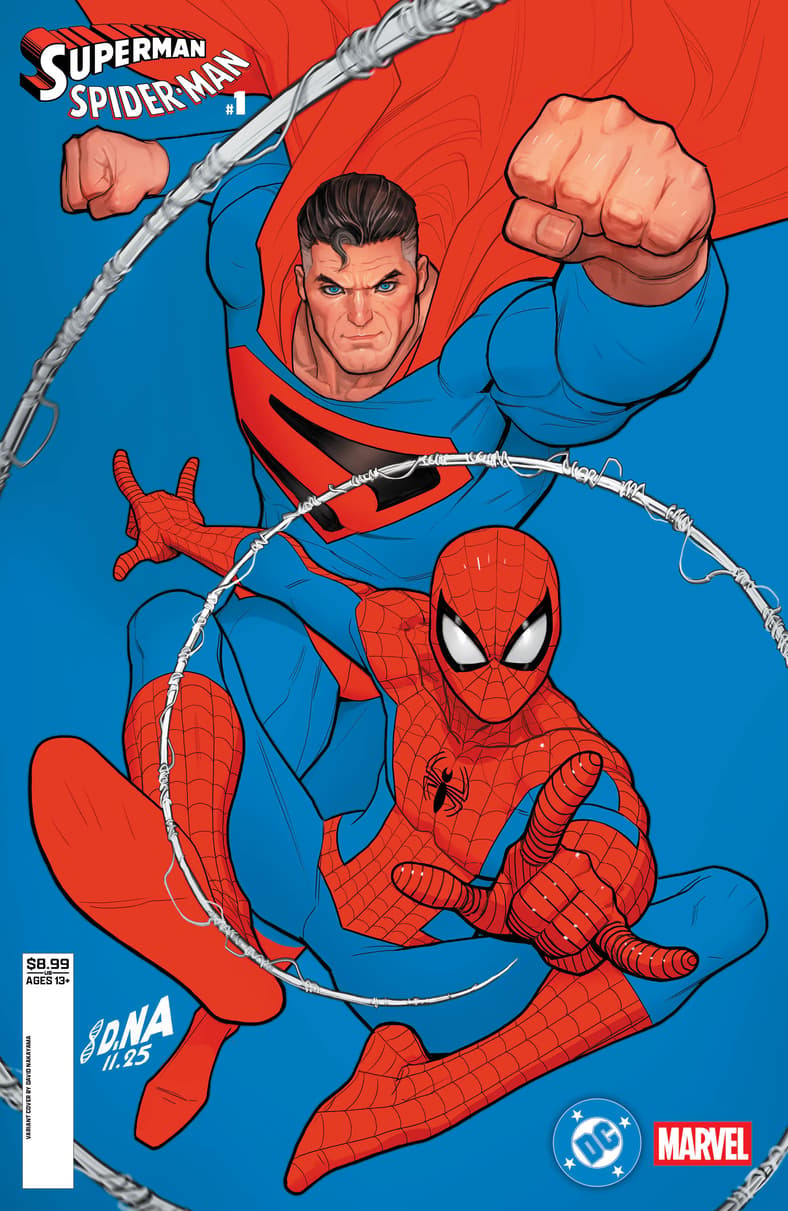 An older Clark Kent still finds time to team-up with Peter Parker on David Nakayama's variant cover to Superman/Spider-Man Vol. 1 #1 (2026), DC/Marvel