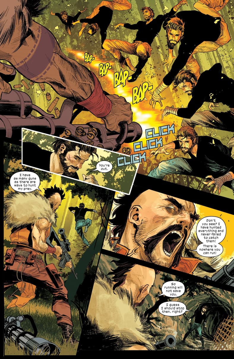 Kraven grows annoyed with Peter's agility in Ultimate Spider-Man Vol. 3 #14 (2025), Marvel Comics. Words by Jonathan Hickman, art by Marco Checchetto, Matthew Wilson, and Cory Petit.