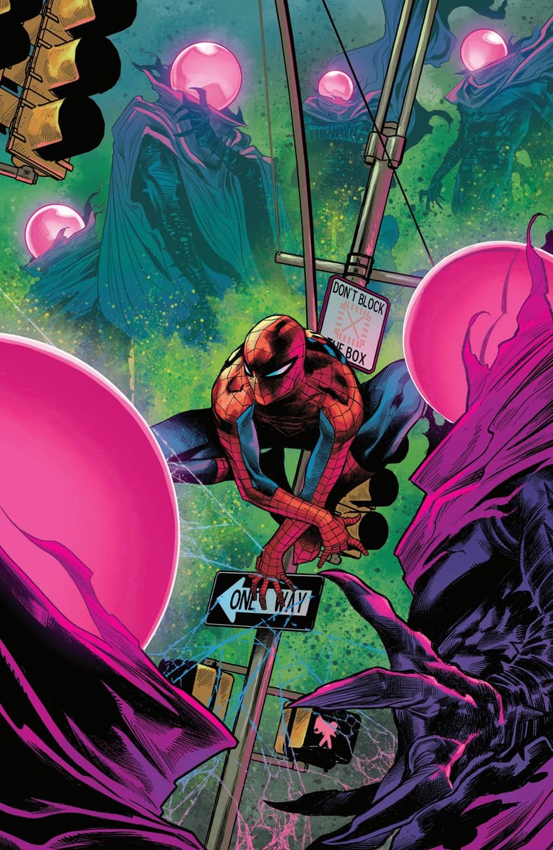 Peter Parker finds himself lost in a cloud of Mysterios on Marco Checchetto and Matthew Wilson's cover to Ultimate Spider-Man Vol. 3 #16 (2025), Marvel Comics