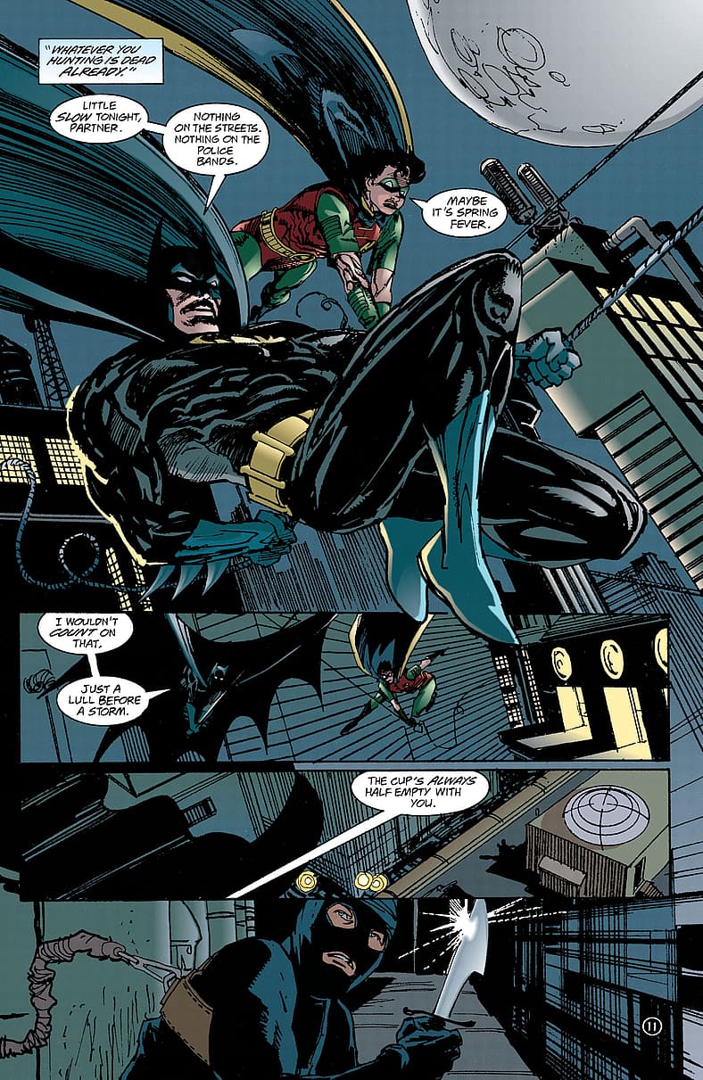 Batman and Robin swing through Gotham night in Detective Comics #708 The Death Lottery, Part One