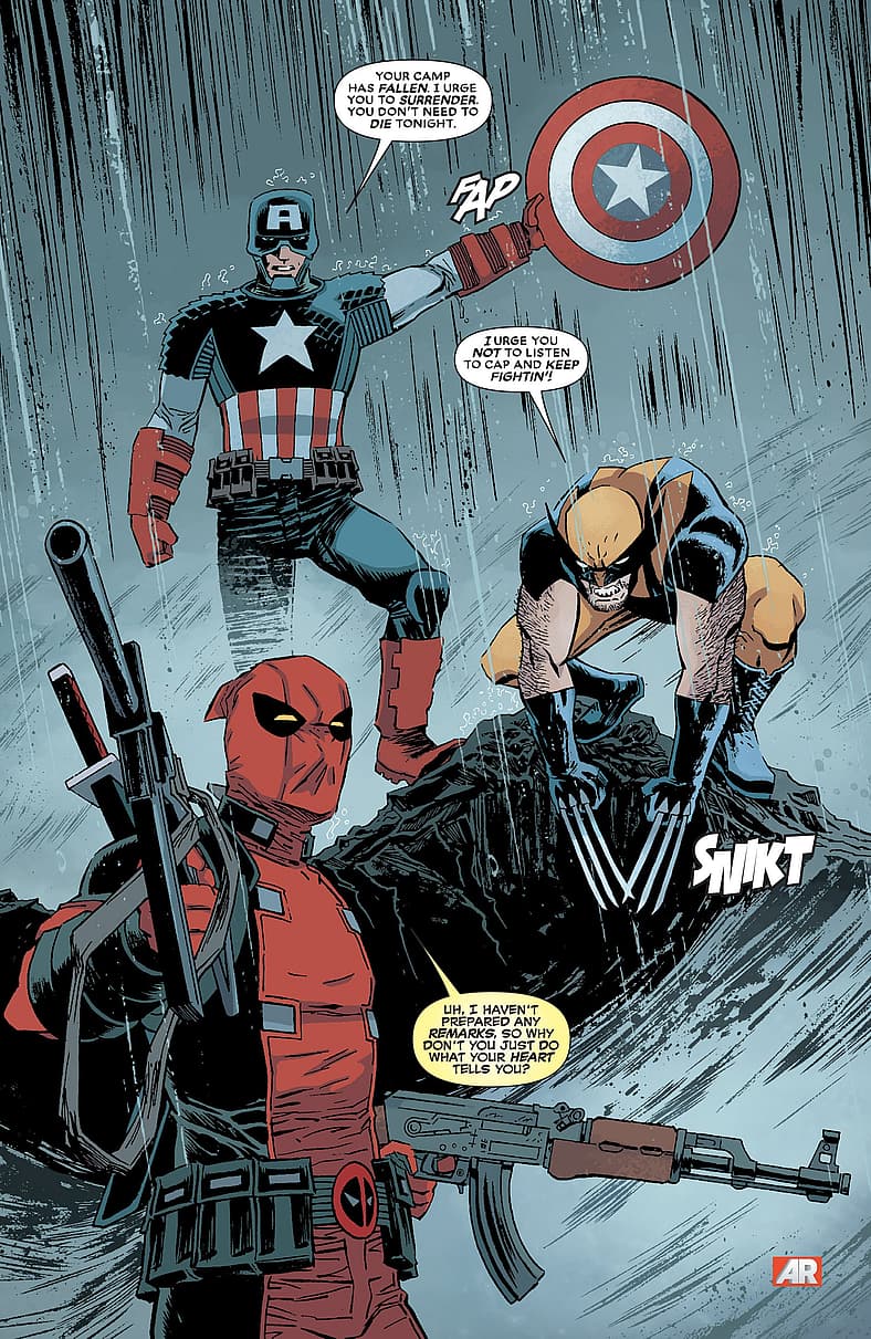 Captain America, Wolverine, and Deadpool prepare to unleash hell in Deadpool Vol. 5 #17 (2013)