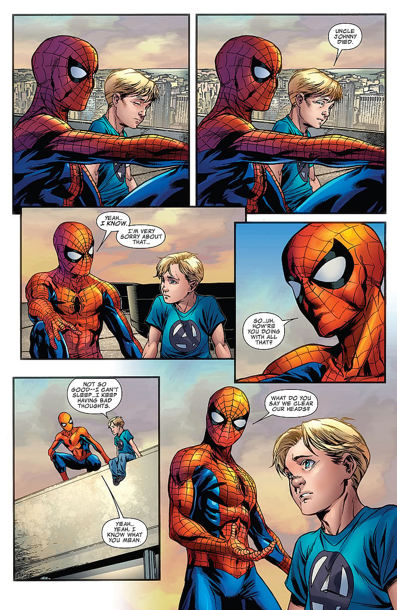 Peter Parker checks in on Franklin Richards after Human Torch's death in Fantastic Four Vol. 1 #588