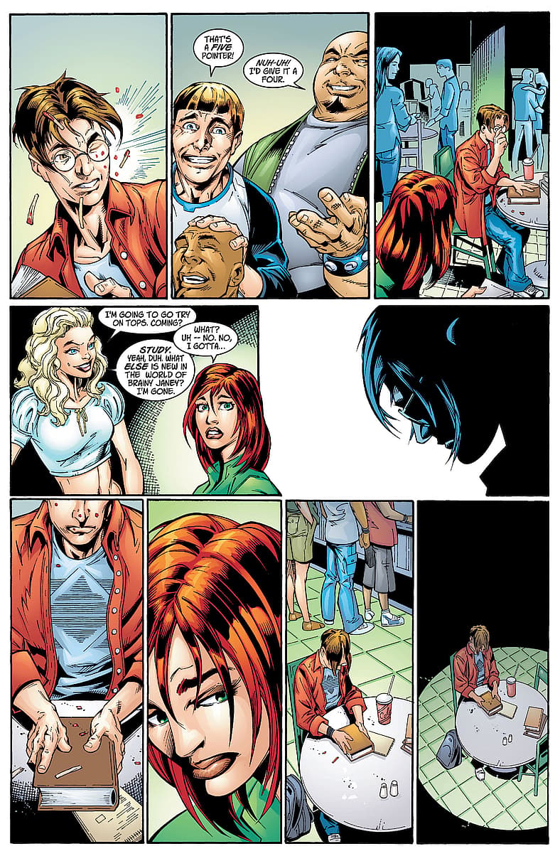 Peter Parker tormented by Flash Thompson, Ultimate Spider-Man Vol. 1 #1 "Powerless" (2000), Marvel