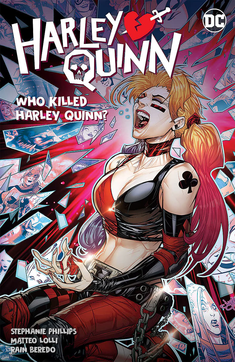 Harley Quinn screams in chains on Jonboy Meyers' cover to Harley Quinn Vol. 5 "Who Killed Harley