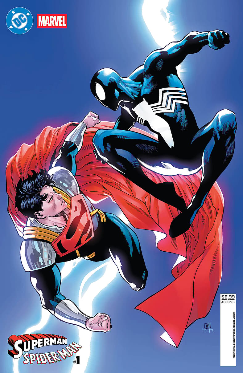 Superboy-Prime annoyed with Spider-Man's symbiote on Daniel Sampere's variant cover to