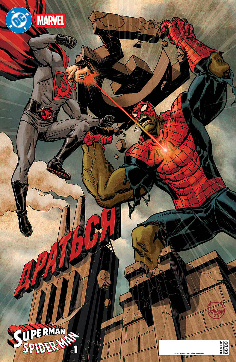 Red Son attempts to stop Spider-Hulk's rampage on Dave Johnson's cover to Superman/Spider-Man Vol