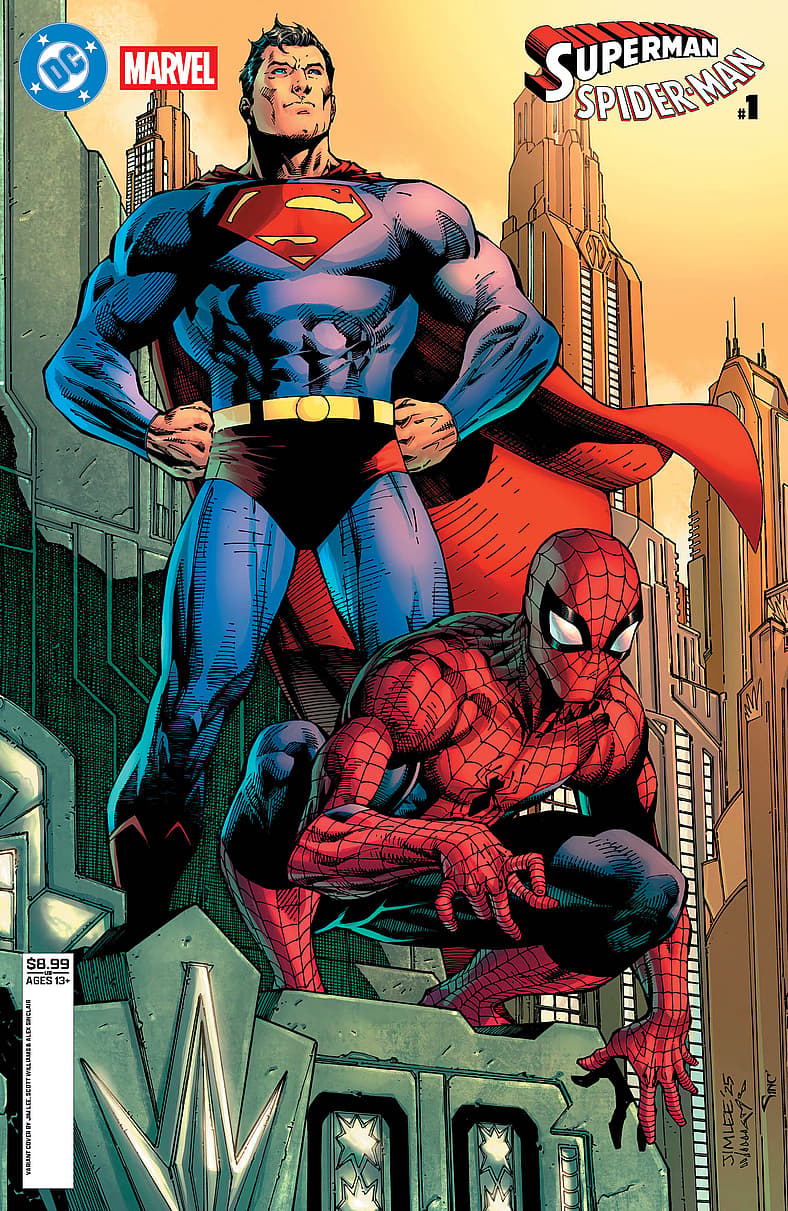 Superman and Spider-Man patrol on Jim Lee's variant cover to Superman/Spider-Man Vol. 1 #1 (2026)