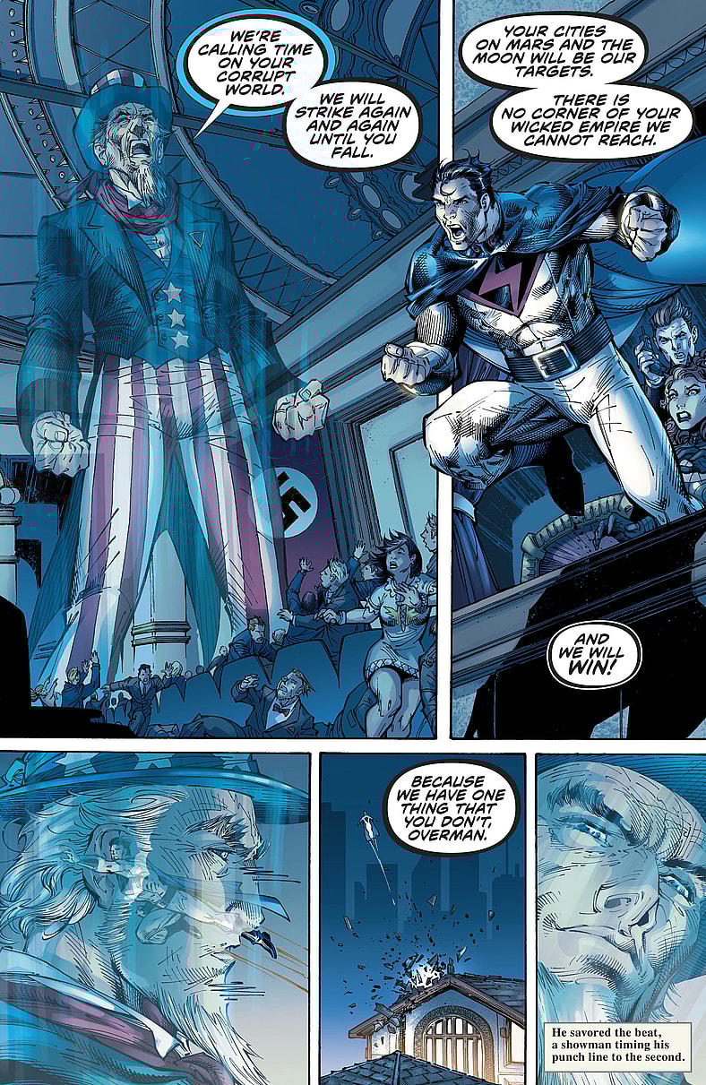 Uncle Sam defies Overman's power in The Multiversity: Mastermen Vol. 1 #1 "Splendour Falls" (2015), DC. Words by Grant Morrison, art by Jim Lee, Scott Williams, Sandra Hope, Jonathan Glapion, Mark Irwin, Alex Sinclair, Jeromy Cox and Rob Leigh.