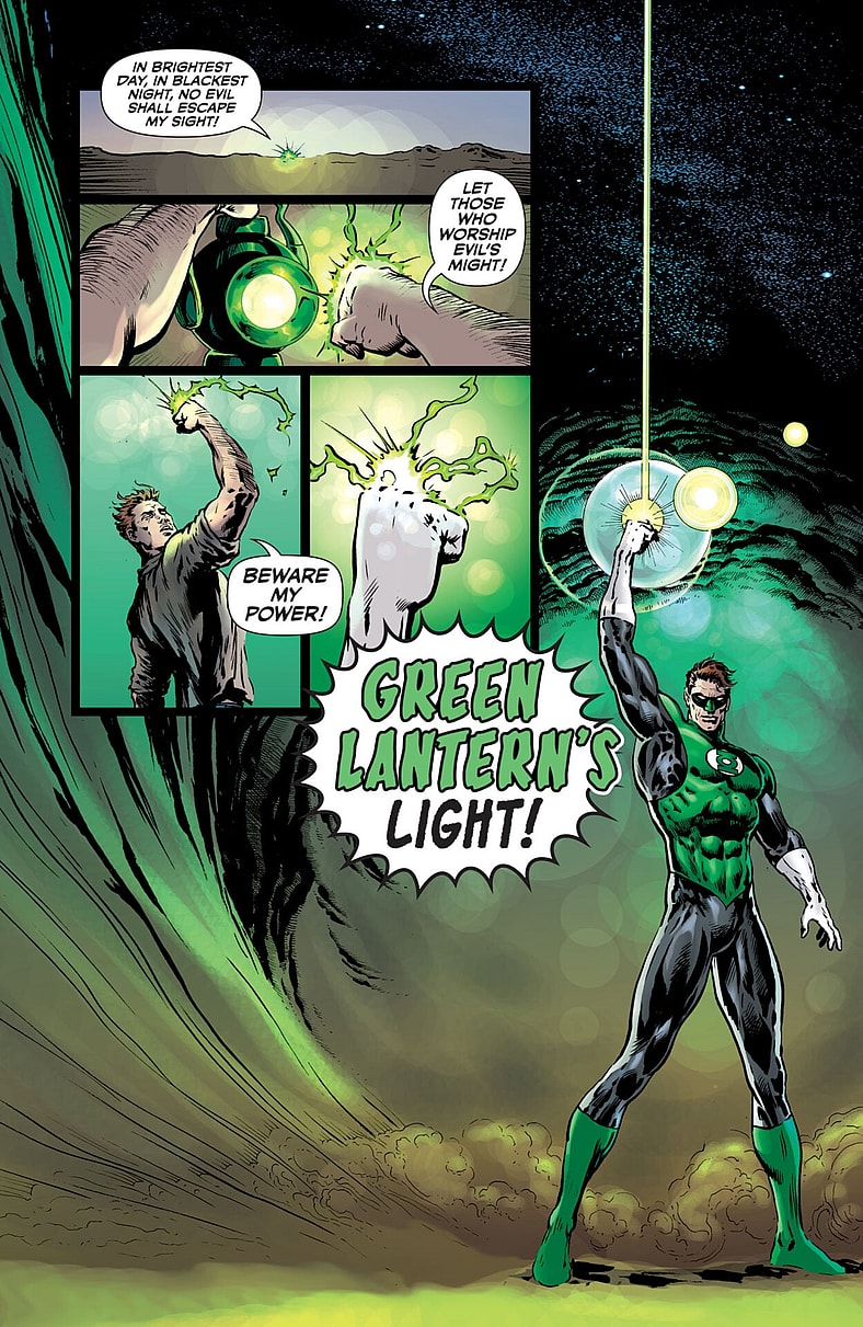 Hal Jordan rides again in The Green Lantern Vol. 1 #1 "Intergalactic Lawman" (2019), DC Comics. Words by Grant Morrison, art by Liam Sharp and Steve Oliff.