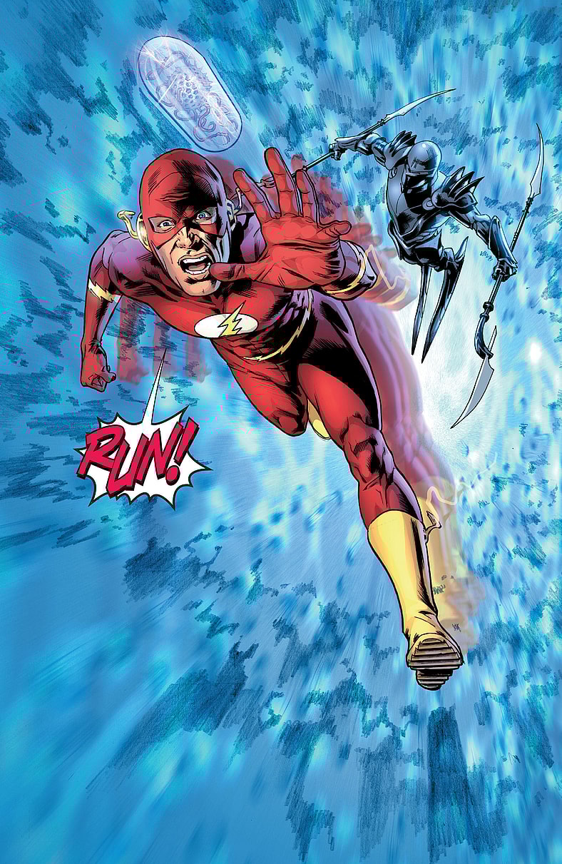 Barry Allen returns from the Speed Force with a warning in Final Crisis Vol. 1 #2 "Ticket to Blüdhaven" (2008), DC Comics. Words by Grant Morrison, art by J.G. Jones and Alex Sinclair.