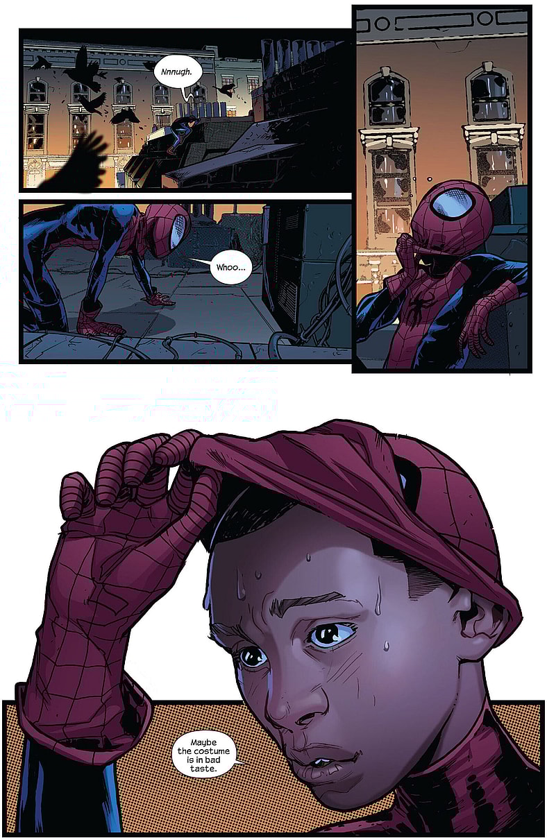 Miles Morales makes his debut in Ultimate Fallout Vol. 1 #4 "Spider-Man No More (Part IV)" (2011), Marvel Comics. Words by Brian Michael Bendis, art by Sara Pichelli, Justin Ponsor, and Cory Petit.