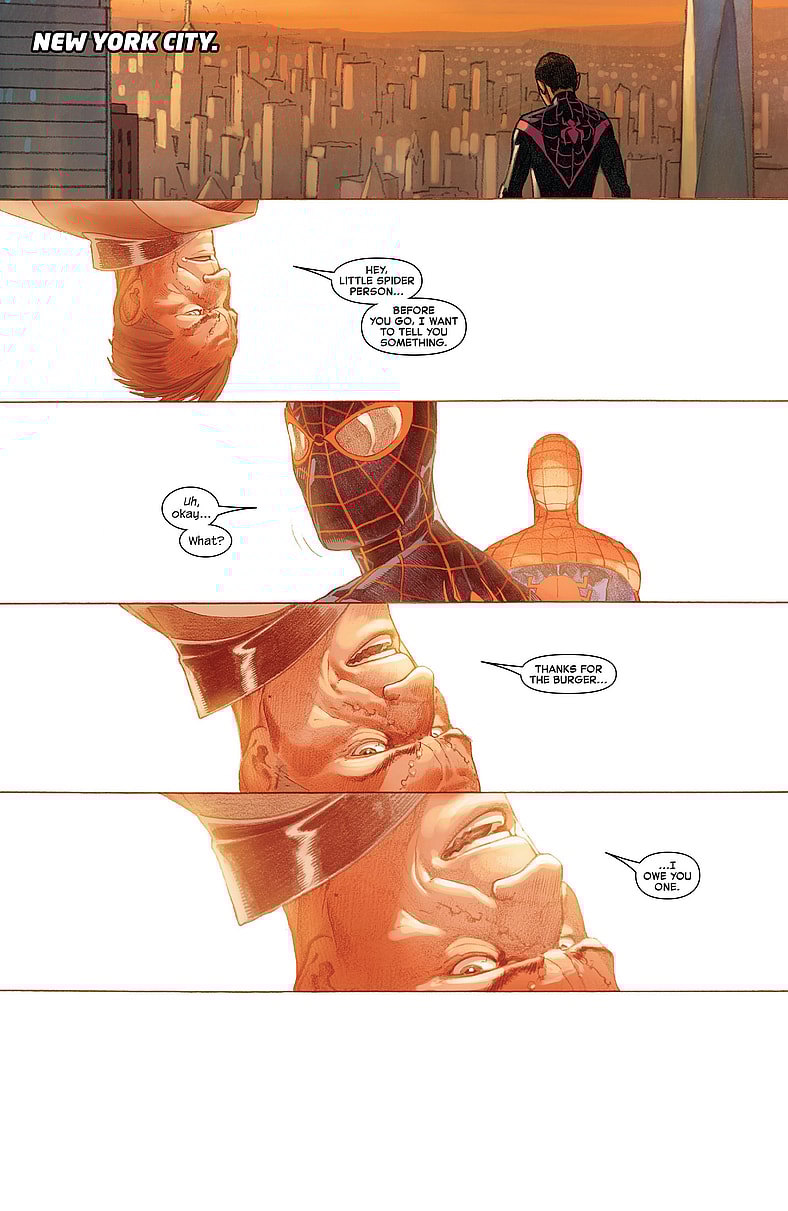 The Molecule Man does a solid and saves Miles Morales from non-existence in Secret Wars Vol. 1 #9 "Beyond" (2016), Marvel Comics. Words by Jonathan Hickman, art by Esad Ribić, Ive Svorcina, and Clayton Cowles.