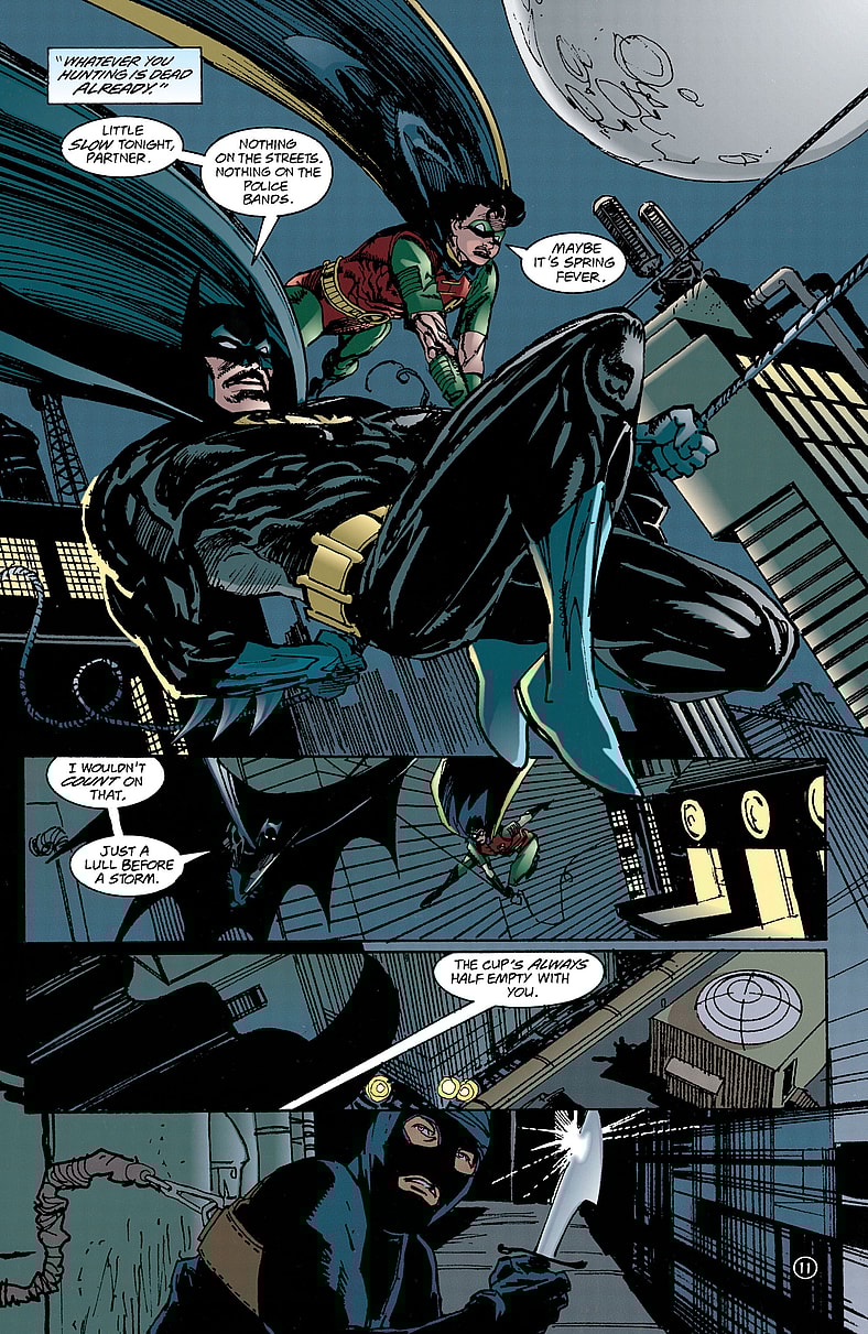 The Dark Knight and the Boy Wonder swing through a quiet Gotham night in Detective Comics Vol. 1 Issue #708 "The Death Lottery, Part One: Heart of Glass" (1997), DC Comics. Words by Chuck Dixon. Art by Graham Nolan, Bill Sienkiewicz, and Gloria Vasquez.