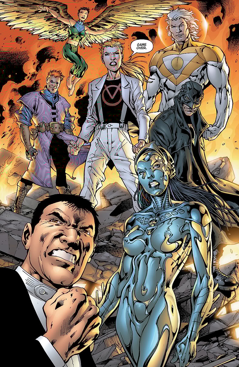 The titular team assembles for the first time in The Authority Vol. 1 Issue #1 "The Circle/ Part One" (1999), DC Comics. Words by Warren Ellis. Art by Bryan Hitch, Paul Neary, and Laura Martin.