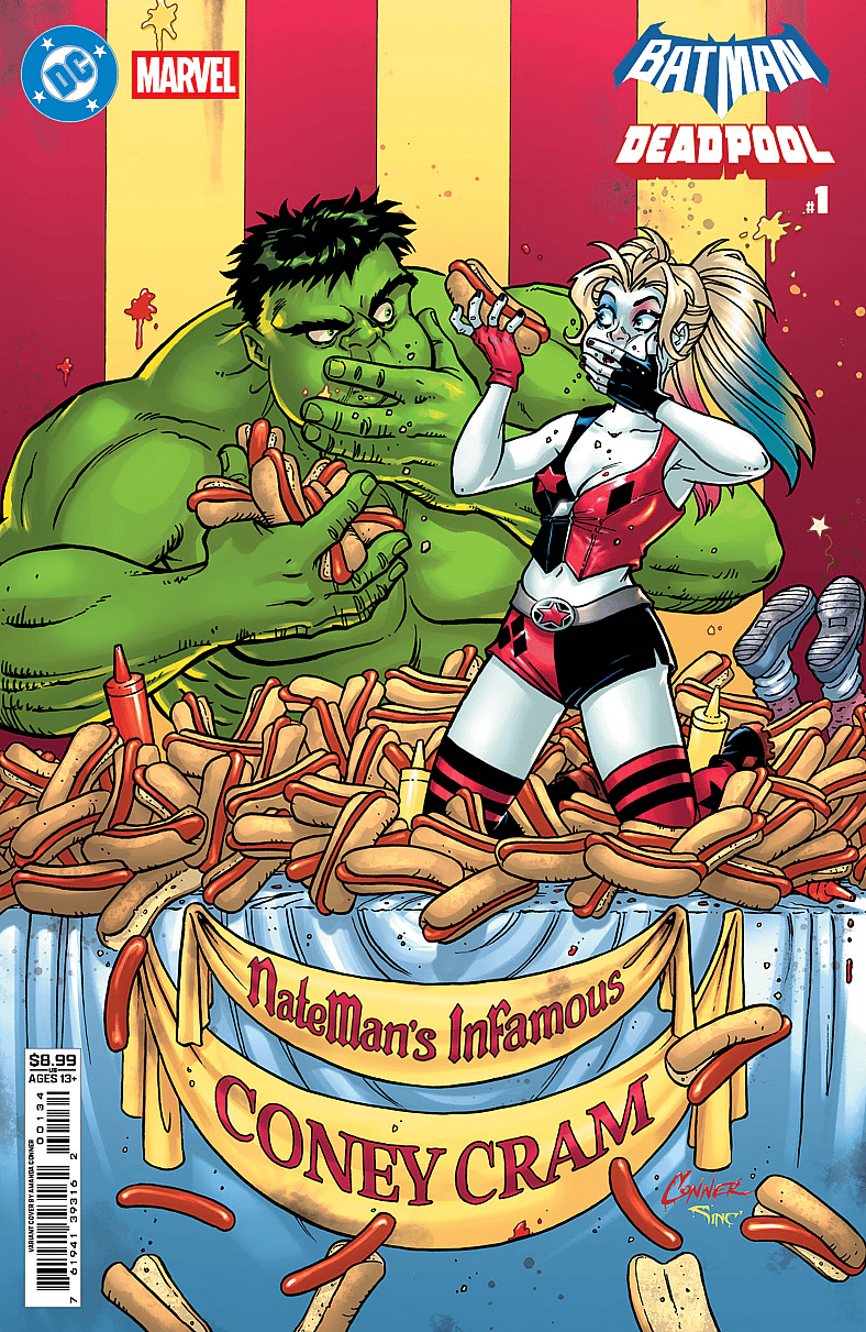 The Hulk and Harley Quinn eat themselves silly on Amanda Conner's variant cover to Batman/Deadpool Vol. 1 #1 (2025), DC/Marvel Comics