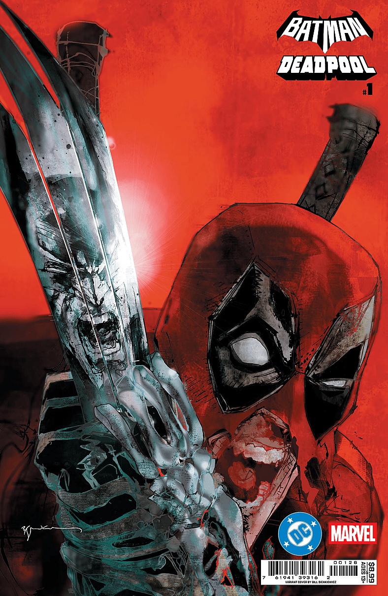 The Merc with a Mouth does his best Todd McFarlane impression on Bill Sienkiewicz's variant cover to Batman/Deadpool Vol. 1 #1 (2025), DC/Marvel Comics