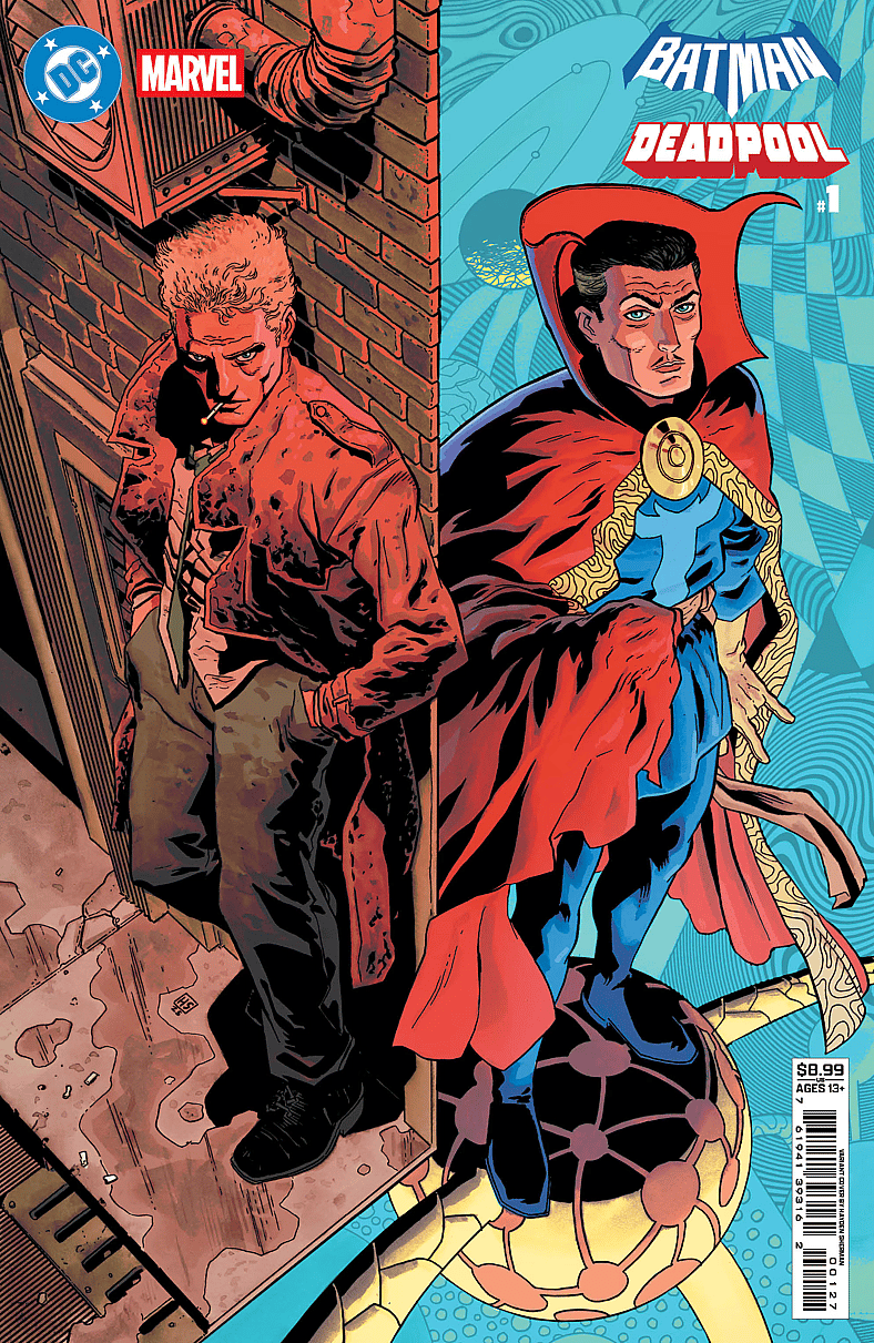 Constantine and Doctor Strange represent two sides of the same magical coin on Hayden Sherman's variant cover to Batman/Deadpool Vol. 1 #1 (2025), DC/Marvel Comics