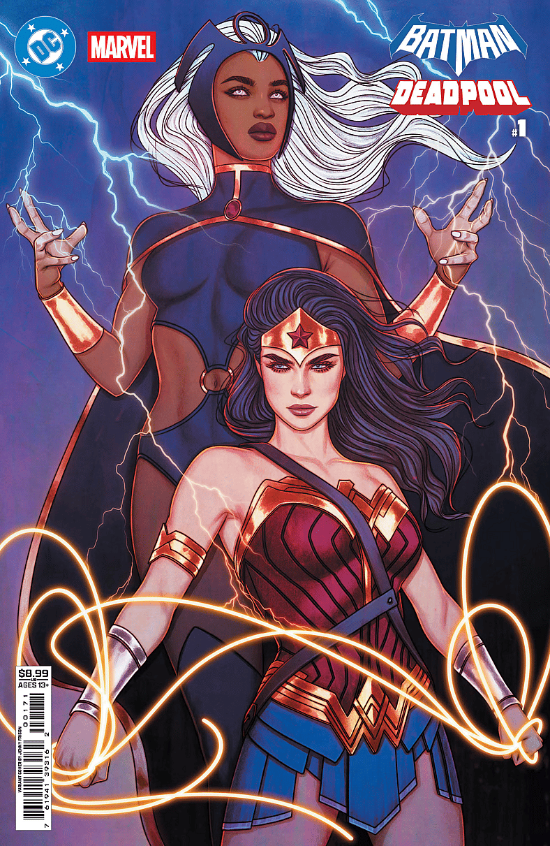 Storm and Wonder Woman stand as Goddesses on Jenny Frison's variant cover to Batman/Deadpool Vol. 1 #1 (2025), DC/Marvel Comics