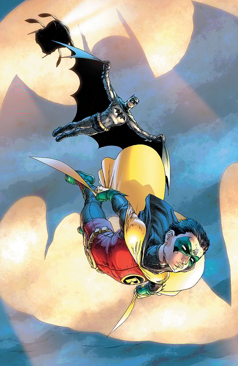 Dick Grayson and Damian Wayne make their debut as the Dynamic Duo in Batman and Robin Vol. 1 #1 "Batman Reborn, Part One: Domino Effect" (2009), DC. Words by Grant Morrison, art by Frank Quitely, Alex Sinclair, and Pat Brosseau.