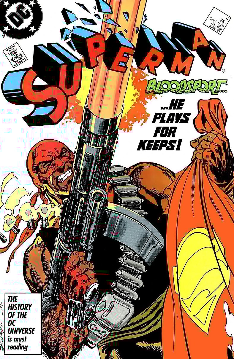 Bloodsport blasting his Kryptonite gun while grabbing Superman's cape on John Byrne cover to Superman Vol.2 Issue #4 "Bloodsport!" (1987), DC Comics