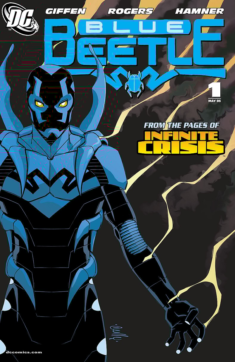 Jaime Reyes stands tall as the new Blue Beetle on Cully Hamner's cover to Blue Beetle Vol. 7 Issue # 1 "Blue Monday" (2006), DC Comics