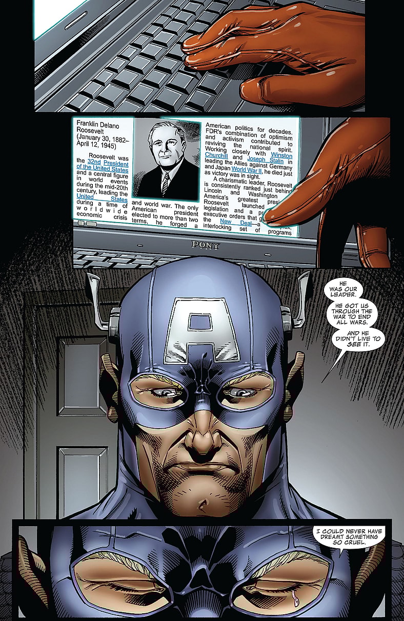 Steve Rogers learns about the death of President Franklin Delano Roosevelt in Captain America: Man Out of Time Vol. 1 #2 (2010), Marvel Comics. Words by Mark Waid, art by Jorge Molina, Karl Kesel, Frank D'Armata, and Joe Sabino.