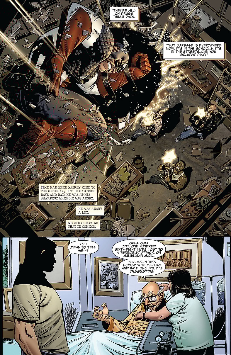 Steve Rogers catches up with General Jacob Simon in Captain America: Man Out of Time Vol. 1 #2 (2010), Marvel Comics. Words by Mark Waid, art by Jorge Molina, Karl Kesel, Frank D'Armata, and Joe Sabino.