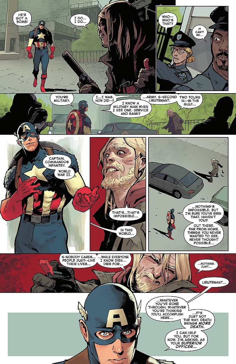Steve Rogers attempts to talk down a would-be suicide bomber in Captain America Vol. 12 #1 "Our Secret Wars, Part One" (2025), Marvel Comics. Words by Chip Zdarsky, art by Valerio Schiti, Frank Martin, and Joe Caramagna.
