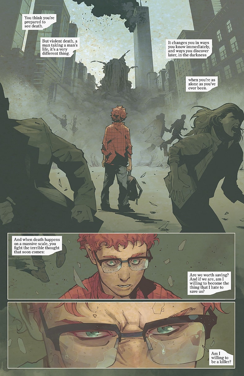 David Colton watches on as the Twin Towers of the World Trade Center collapse to the ground in Captain America Vol. 12 #1 "Our Secret Wars, Part One" (2025), Marvel Comics. Words by Chip Zdarsky, art by Valerio Schiti, Frank Martin, and Joe Caramagna.
