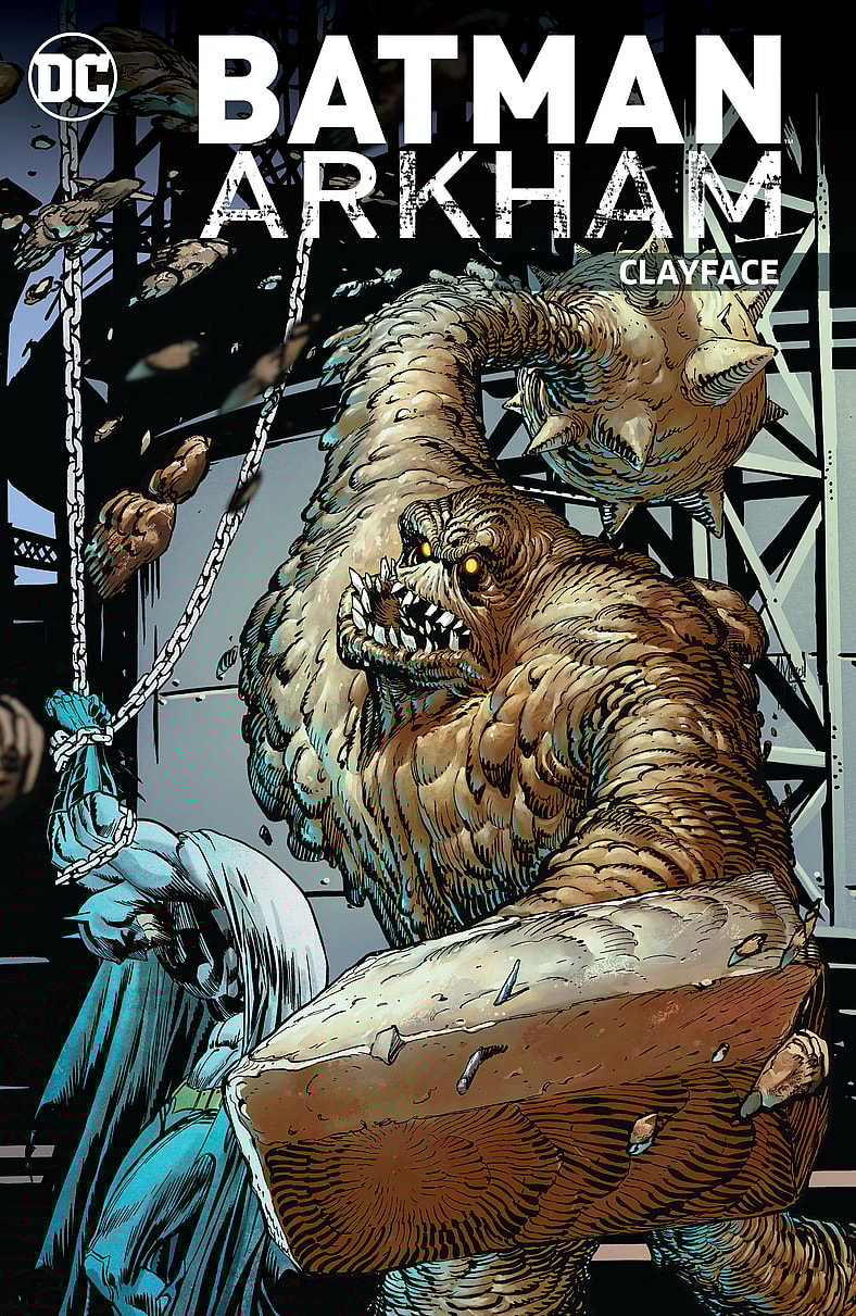 Clayface takes a swing at a chained Batman on Guillem March's cover to Batman: Arkham-Clayface (2017), DC Comics
