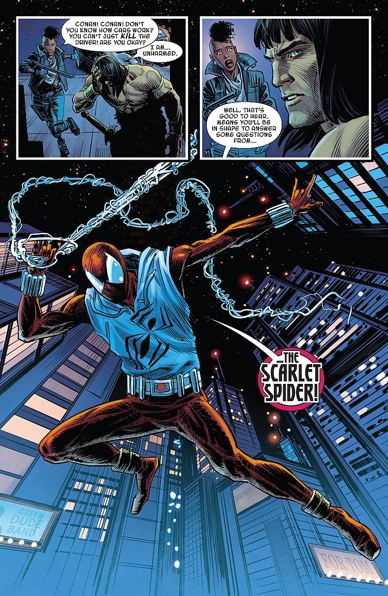 The Scarlet Spider has some questions for Conan in Conan - Battle for the Serpent Crown Vol.1 #2 (2020), Marvel Comics. Words by Saladin Ahmed, art by Luke Ross, Nolan Woodward, and Travis Lanham.