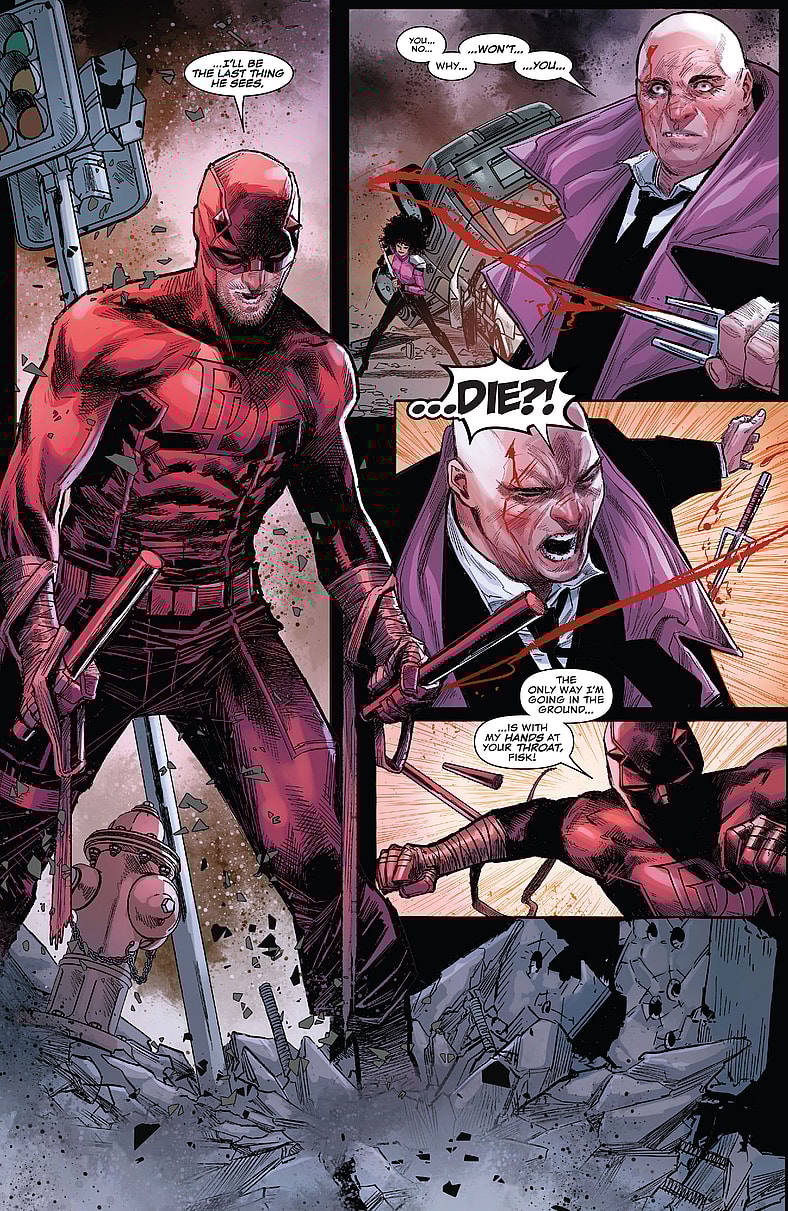 Daredevil returns from the grave to confront Kingpin in Devil's Reign Vol. 1 #5 "Conclusion" (2022), Marvel Comics. Words by Chip Zdarsky, art by Marco Checchetto, Marcio Menyz, and Clayton Cowles.