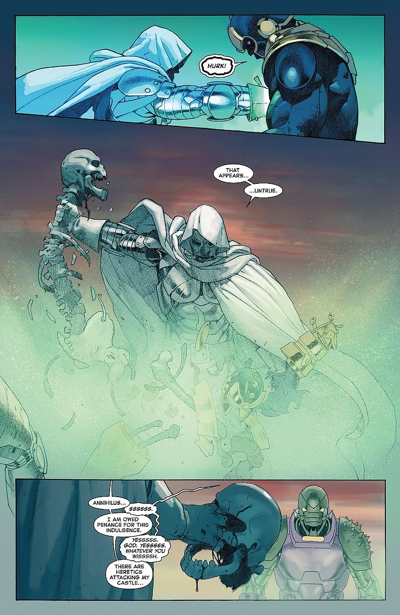 Victor Von Doom pulls out the skeleton of Thanos in Secret Wars Vol.1 Issue #8 "Under Siege" (2015), Marvel Comics. Words by Jonathan Hickman, art by Esad Ribić.