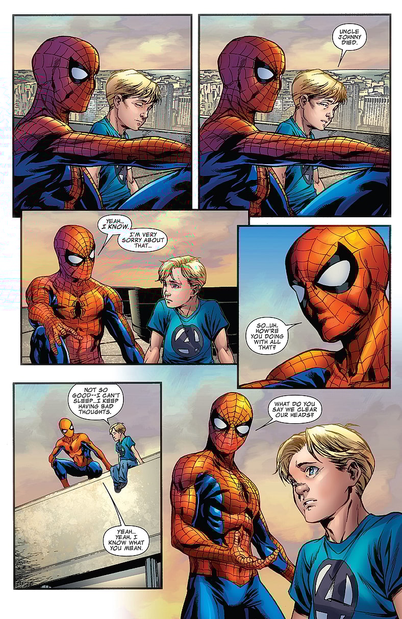 Peter Parker checks in on his nephew, Franklin Richards, following the death of the Human Torch in Fantastic Four Vol. 1 #588 "Uncles" (2011), Marvel Comics. Words by Jonathan Hickman, art by Mark Brooks, Paul Mounts, and Rus Wooton.