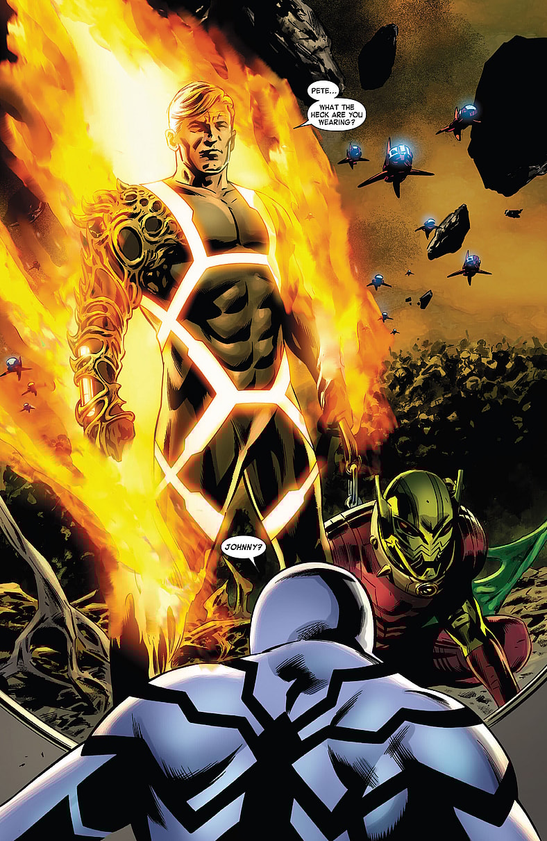 The Human Torch returns to life with a question about Spider-Man's fashion choices in Fantastic Four Vol. 1 #600 "Forever" (2011), Marvel Comics. WOrds by Jonathan Hickman, art by Steve Epting, Rick Magyar, Paul Mounts, and Clayton Cowles.