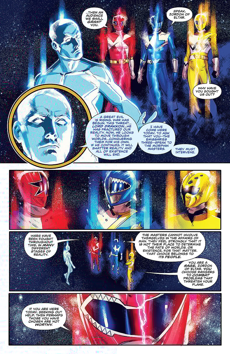 Zordon approaches the Morphin' Grid Emissaries for help against Dakkon in Mighty Morphin' Power Rangers Free-Comic Book Day Special (2018), BOOM! Studios. Words by Kyle Higgins and Ryan Parrot, art by Diego Galindo, Marcelo Costa, and Ed Dukeshire.