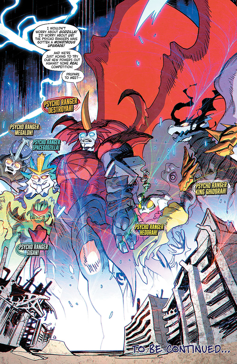 Rita Repulsa bestows the Psycho Rangers with the power of Godzilla's strongest enemies in Godzilla vs. The Mighty Morphin Power Rangers II #3 (2024), BOOM! Studios. Words by Cullen Bunn, art by Baldemar Rivas, Andrew Dalhouse, and Johanna Nattalie.