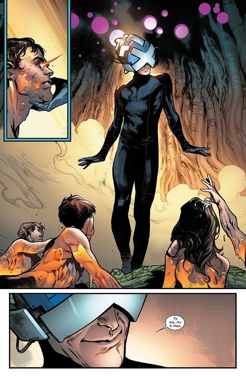 Professor X oversees the first resurrection of the Krakoan Age in House of X Vol. 1 # 5. Society (2019) Words by Jonathan Hickman. Art by Pepe Larraz, Marte Garcia, and Clayton Cowles.