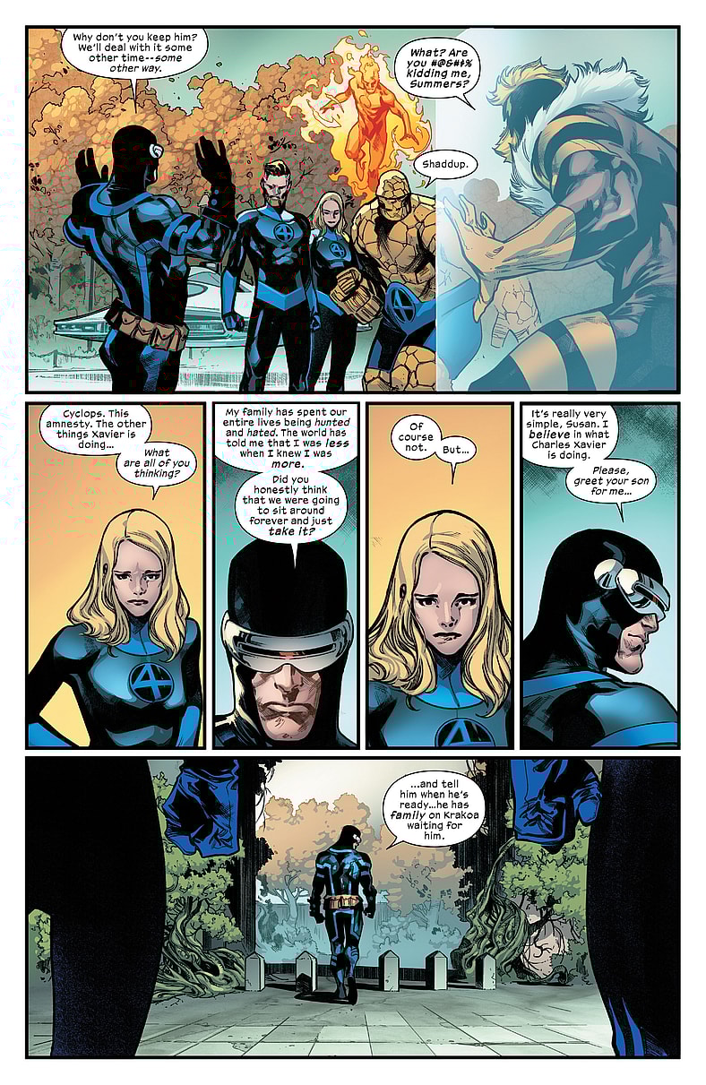 Cyclops extends a Krakoa invitation to Franklin Richards in House of X Vol. 1 # 5. Society (2019) Words by Jonathan Hickman. Art by Pepe Larraz, Marte Garcia, and Clayton Cowles.