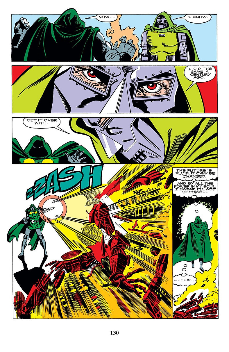 Doctor Doom knows exactly what has to be done with his future self in Iron Man Vol.1 Issue #250 "Recurring Nightmare" (1989), Marvel Comics. Words by David Michelinie and Bob Layton. Art by Bob Layton and Paul Becton.