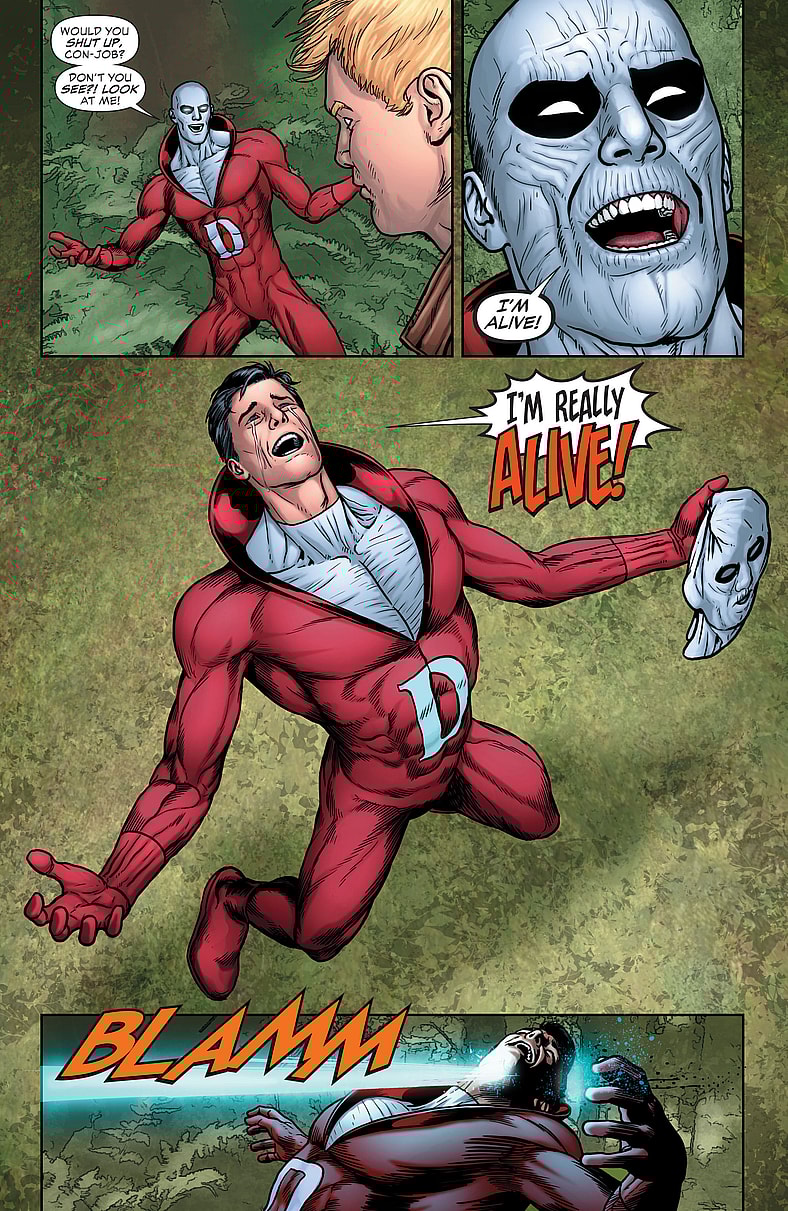 Deadman finds himself the punchline of a cosmic joke in Justice League Dark Vol. 1 #15 "The Death of Magic, Part 1: Up is Down" (2013), DC. Words by Jeff Lemire and Ray Fawkes, art by Mikel Janín, Jeremy Cox, and Rob Leigh.