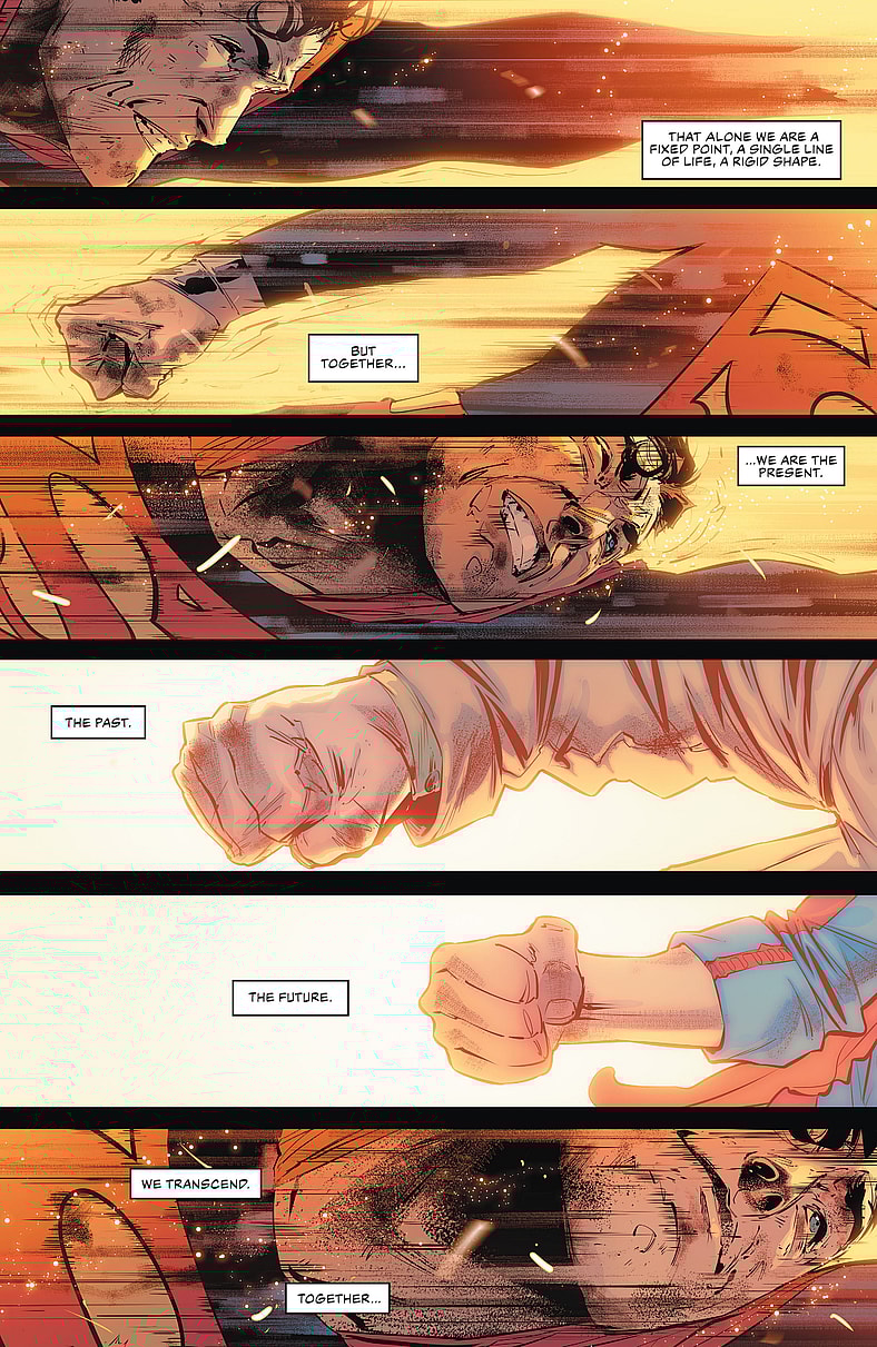 Superman fights for the future in Justice League Vol. 4 #25 "The Sixth Dimension! Conclusion" (2019), DC. Words by Scott Snyder and Jorge Jiménez, art by Jorge Jiménez, Alejandro Sánchez, and Tom Napolitano.