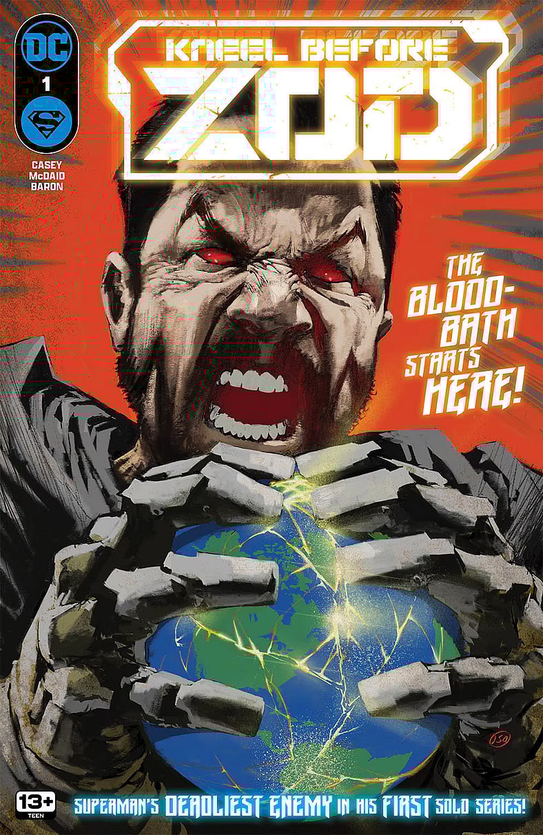 An angry General Zod with red eyes, squeezing the globe in his hands on Jason Shawn Alexander's cover to Kneel Before Zod Vol.1 Issue #1 "Chapter One: Crack in the Facade" (2024), DC Comics