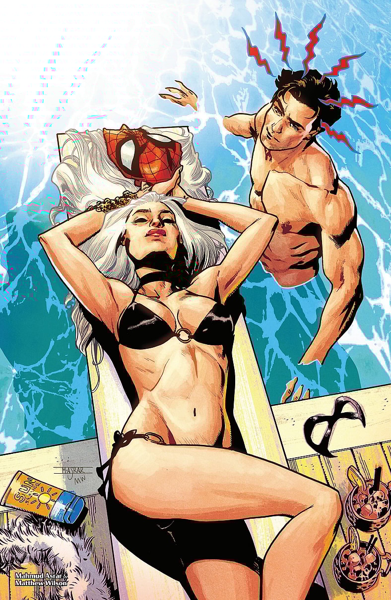 Spider-Man gets a surprise poolside visit from Black Cat in Marvel Swimsuit Special: Friends, Foes, & Rivals Vol. 1 #1 (2025), Marvel Comics. Art by Aaron Kuder and Jesus Aburtov.