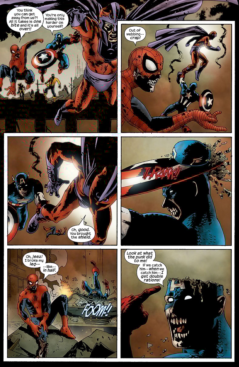 Magneto makes a last ditch attempt to escape the undead versions of Spider-Man and Captain America in Marvel Zombies Vol.1 #1 (2006), Marvel Comics. Words by Robert Kirkman, art by Sean Phillips, June Chung, and Randy Gentile.