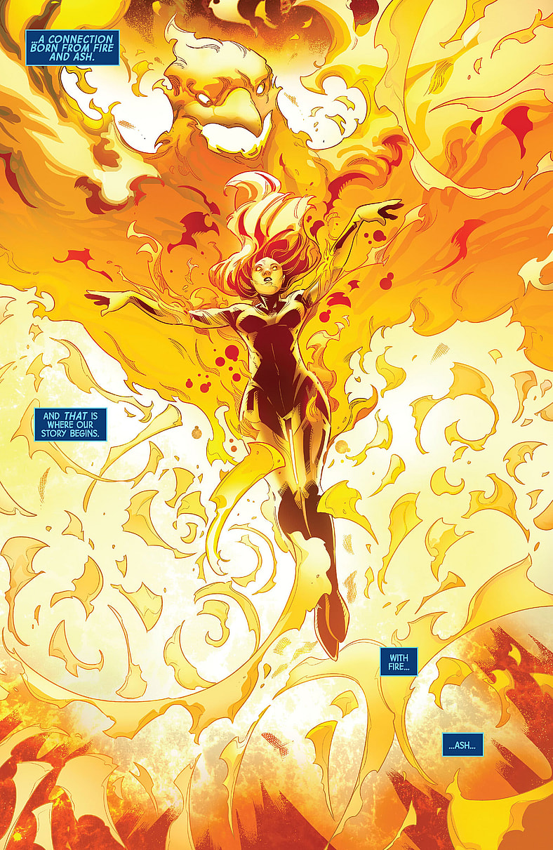 Jean Grey fully embraces her role as the Phoenix in Phoenix Vol. 1 #1 (2024), Marvel Comics. Words by Stephanie Phillips, art by Alessandro Miracolo, David Curiel, and Cory Petit.