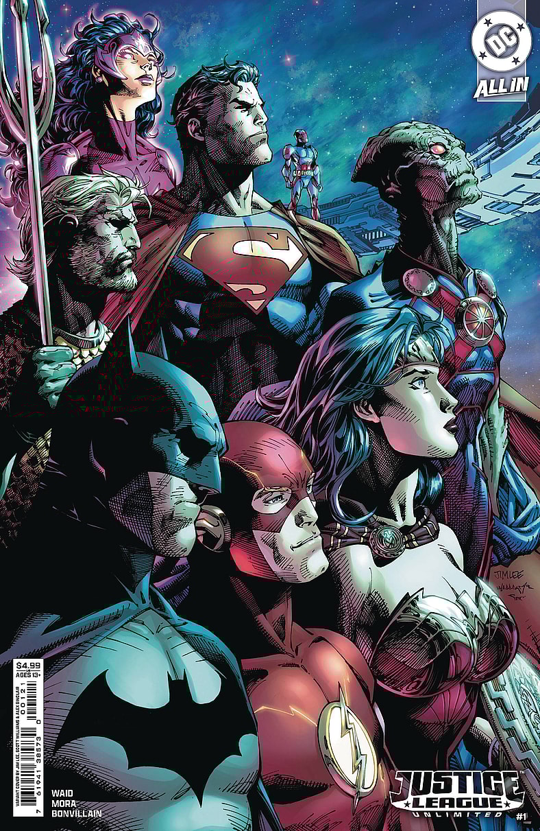 DC's Bravest and Boldest look towards a new future on Jim Lee, Scott Williams, and Alex Sinclair's variant cover to Justice League Unlimited Vol. 1 #1 (2025), DC