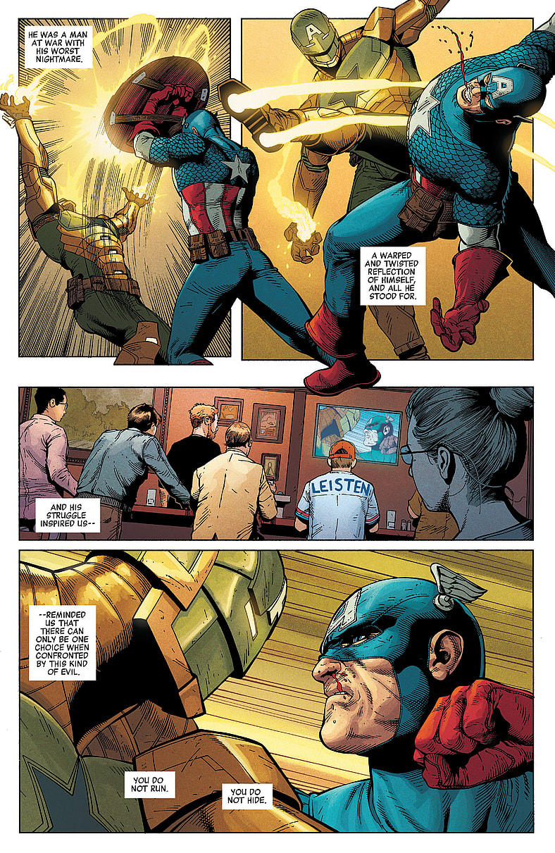 Steve Rogers fights to take back America from Hydra control in Secret Empire Vol. 1 #10 (2017), Marvel Comics. Words by Nick Spencer, art by Steve McNiven, Jay Leisten, Matthew Wilson, and Travis Lanham.