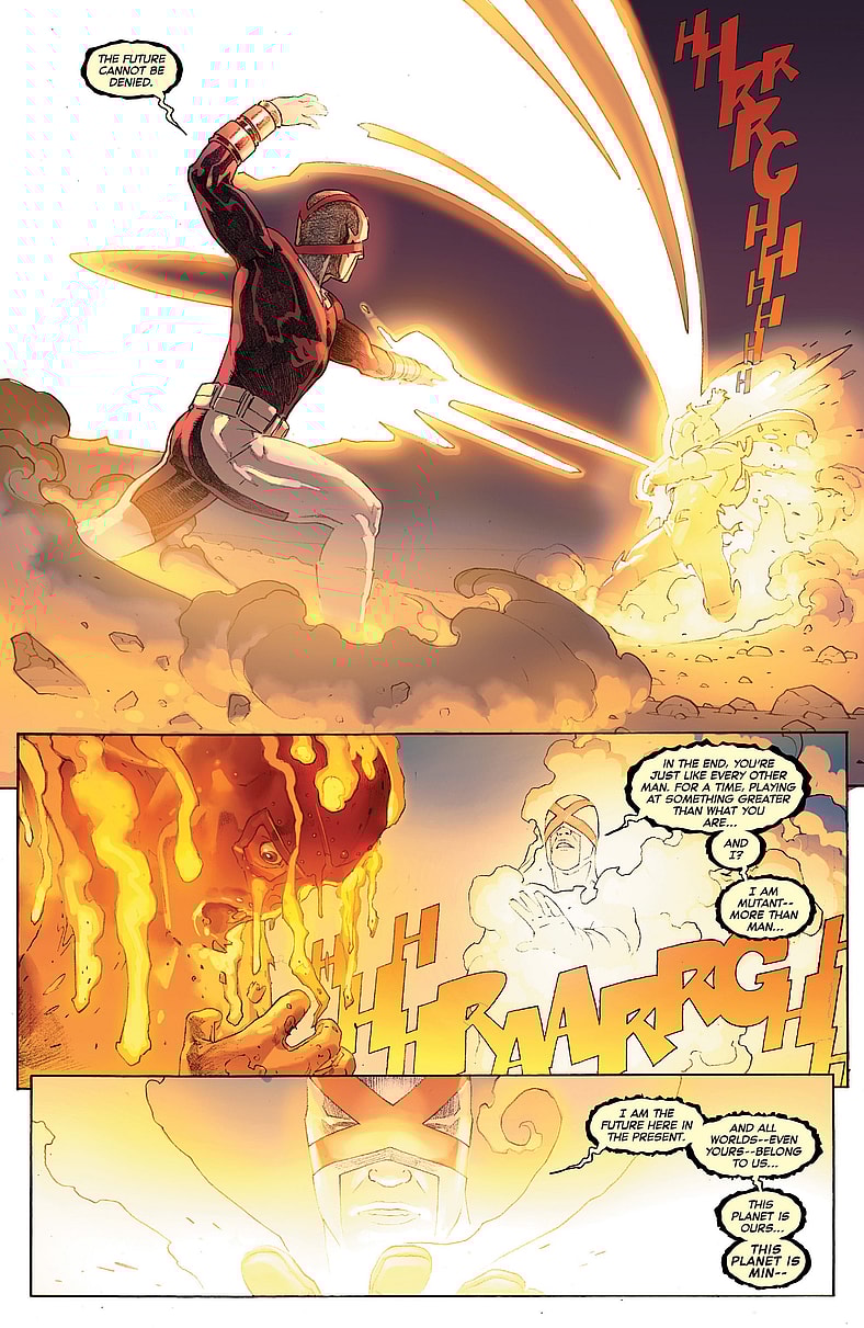 A Phoenix-powered Cyclops offers the X-Men's last stand against Doctor Doom in Secret Wars Vol. 1 #4 "All the Angels Sing, All the Devils Dance" (23015), Marvel Comics. Words by Jonathan Hickman, art by Esad Ribić, Ive Svorcina, and Chris Eliopoulos.